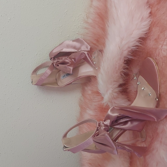 Brand New Mauve Pink Satin Rhinestone Ankle Strap Clear Heels - Picture 3 of 11
